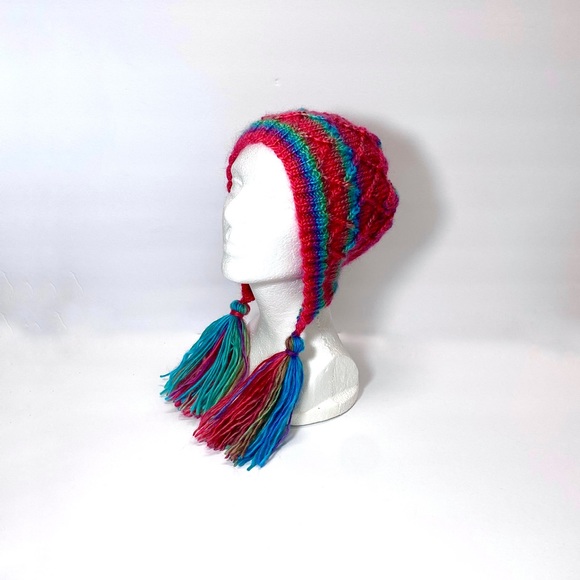 HAND KNIT Brightly Color Stripe Fun Bonnet Beanie with Tassels, Fun Cabled Hat - Picture 8 of 10